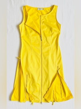 90s Moschino Butter Yellow Statement Dress Rare Multi Zip Design Italy42 US8 Y2K